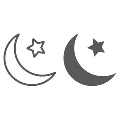 Islamic crescent line and glyph icon, arabic and islam, moon and star sign, vector graphics, a linear pattern on a white background.