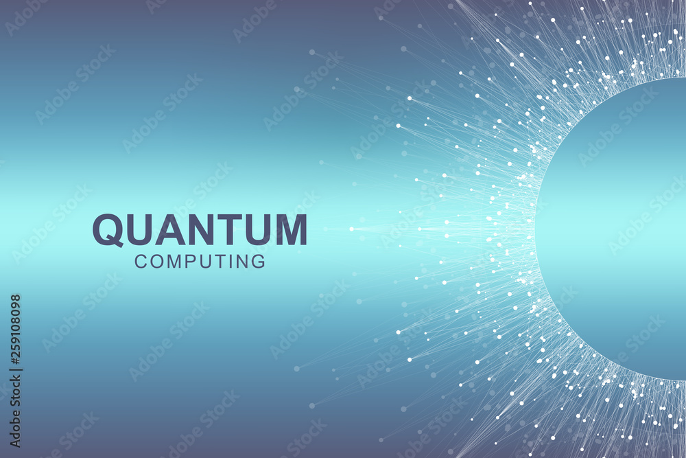 Poster Quantum computer technology concept. Deep learning artificial intelligence. Big data algorithms visualization for business, science, technology. Waves flow, dots, lines. Quantum vector illustration
