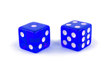 Two blue glass game dice very close up isolated on white background. One and four with a shadow.