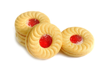 Sandwich biscuits with strawberry on white background