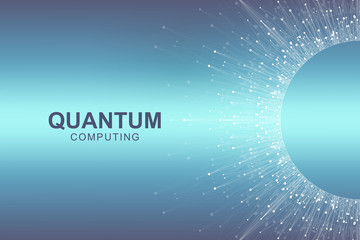 Quantum computer technology concept. Deep learning artificial intelligence. Big data algorithms visualization for business, science, technology. Waves flow, dots, lines. Quantum vector illustration