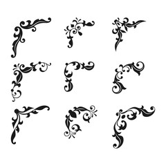 Collection creative hand drawn corner vintage style. Floral decorative element set for your design.