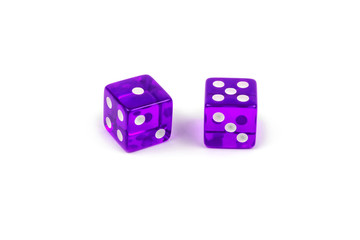 Two purple glass dice isolated on white background. One and five.