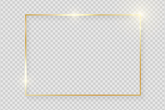 Gold shiny glowing vintage frame with shadows isolated on transparent background. Golden luxury realistic rectangle border. Vector illustration