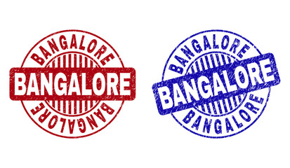 Grunge BANGALORE round stamp seals isolated on a white background. Round seals with grunge texture in red and blue colors. Vector rubber imitation of BANGALORE tag inside circle form with stripes.