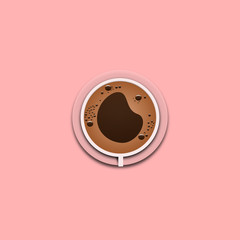 Coffee cup with froth top view for design poster on pink background. vector illustration.