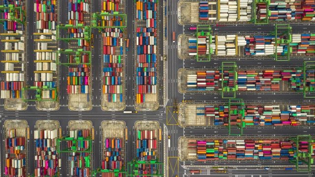 day time singapore city flight over container terminal port aerial topdown panorama 4k timelapse 