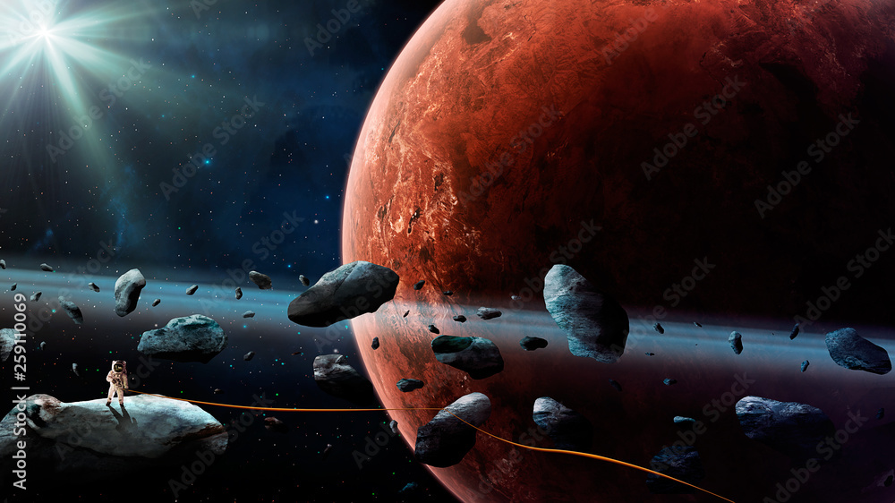 Wall mural space scene. astronaut stand on asteroid with rope and mars planet on background. elements furnished