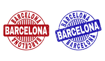 Grunge BARCELONA round stamp seals isolated on a white background. Round seals with grunge texture in red and blue colors. Vector rubber watermark of BARCELONA label inside circle form with stripes.