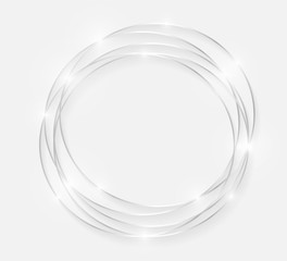 Silver shiny glowing vintage frame with shadows isolated on white background. Decorative white gold luxury line border for invitation, card, sale, photo etc. Vector illustration