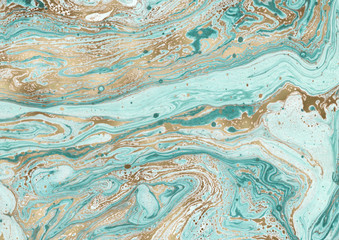 Contemporary painting. Unique hand painted image for creative design of posters, wallpapers. Modern piece of art. Unusual artistic style. Turquoise and golden paints on a canvas. Horizontal texture