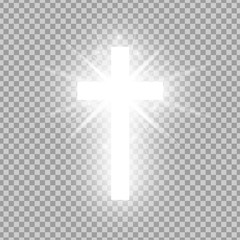 Shining white cross isolated on transparent background. Riligious symbol. Glowing Saint cross. Easter and Christmas sign. Vector illustration