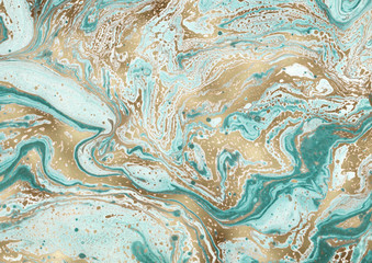 Beautiful contemporary painting. Unique hand painted image for creative design of posters, wallpapers. Modern piece of art. Unusual artistic style. Turquoise and golden paints on a canvas.