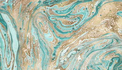Contemporary painting. Unique hand painted image for creative design of posters, wallpapers. Modern piece of art. Mixed media artwork. Unusual artistic style. Turquoise and golden paints on a canvas.