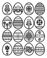 Silhouettes of black easter eggs isolated on white background. Holiday Easter Eggs decorated with flowers and leafs. Print design, label, sticker, scrap booking, stamp, vector illustration
