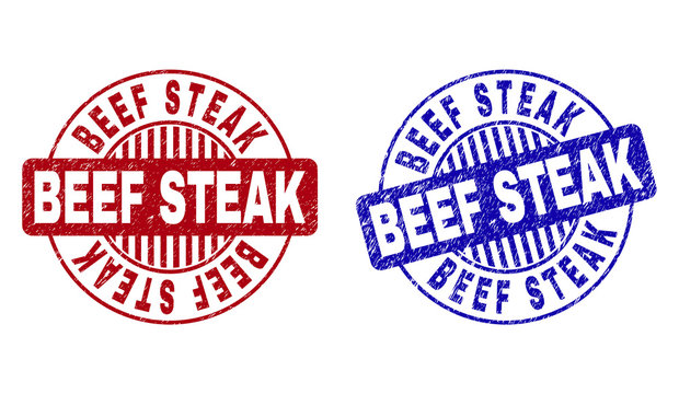 Grunge BEEF STEAK round stamp seals isolated on a white background. Round seals with grunge texture in red and blue colors.