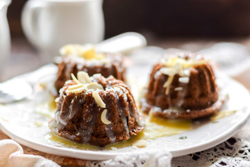 Chocolate muffins with almonds and condensed milk.