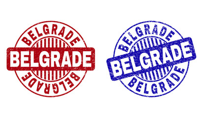Grunge BELGRADE round stamp seals isolated on a white background. Round seals with grunge texture in red and blue colors. Vector rubber imprint of BELGRADE tag inside circle form with stripes.