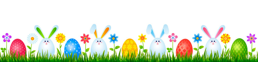 funny easter bunnies eggs on green grass with flowers. easter and spring concept. vector illustration