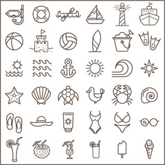 Set of Ocean and Beach Vector Icons. Contains such Icons as beach ball, seaside, ocean, swimsuit, bikini, lighthouse, swimming goggles, turtle And Other Elements.