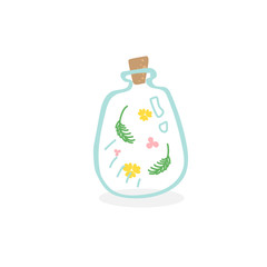 Beautiful empty bottles with flowers and leafs inside. Nice and gentle picture for decoration