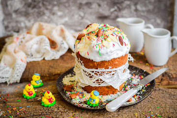 Easter cake with almonds and colored dressing.