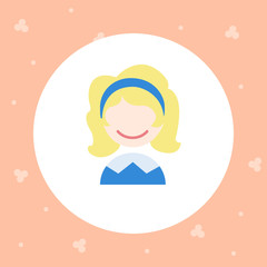 Girl face icon. Bright cartoon avatar for the Internet, sticker, stripes, typography