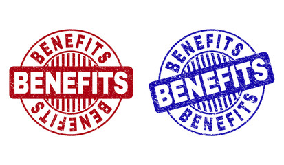 Grunge BENEFITS round stamp seals isolated on a white background. Round seals with grunge texture in red and blue colors. Vector rubber overlay of BENEFITS label inside circle form with stripes.