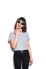 Close up photo beautiful woman open mouth rocker gesture wear casual shirt isolated white background