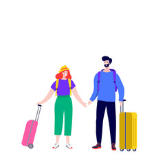 Happy young couple with Luggage on Arrival and Departure. Newlyweds at the airport fly on a journey with suitcases . Cartoon Flat Vector Illustration