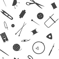 Fototapeta na wymiar Tools for needlework, sewing and knitting. Seamless pattern of the sewing industry. Vector illustration.