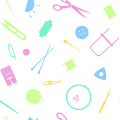 Tools  for needlework, sewing and knitting. Seamless pattern of the sewing industry. Vector illustration.