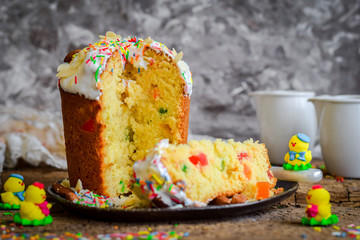Easter cake with candied fruit, almonds and colored sprinkles.