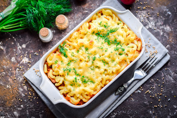 Chicken stuffing casserole with pasta.