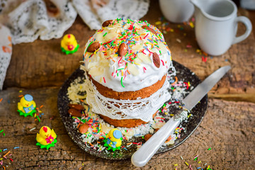Easter cake with almonds and colored dressing.