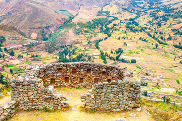 Inca fortress ruins Pisaq in Urubamba river Sacred Valley, Peru, South America - obrazy, fototapety, plakaty