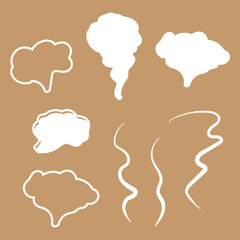 Steam, cloud and smoke icons. Hand drawn doodle smoke, clouds and fog