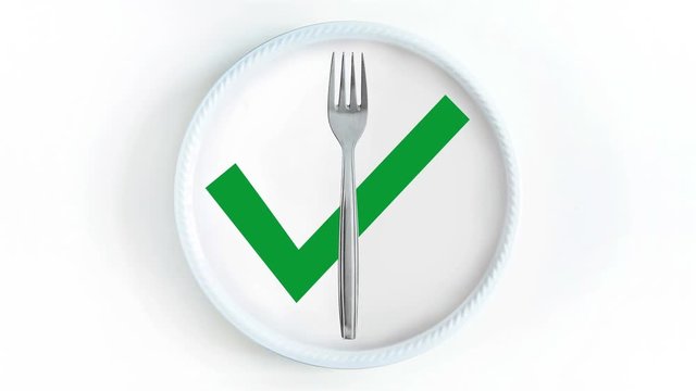 empty dish animation, fork rotates like a clock in a empty plate with a green check sign
