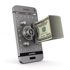Protection phone and money on white background. Isolated 3D illustration