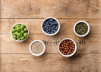 Healthy eating ingredients: fresh vegetables, fruits and superfood. Nutrition, diet, vegan food concept