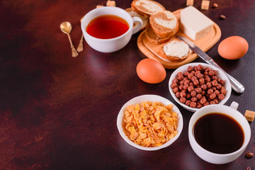 Tasty and useful breakfast with flakes, milk, nuts and dried fruits. The healthy food loading with energy