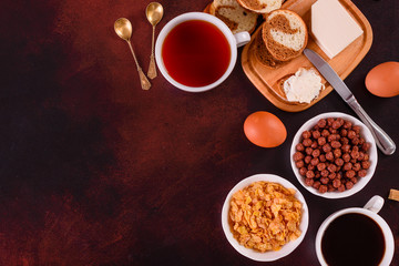 Tasty and useful breakfast with flakes, milk, nuts and dried fruits. The healthy food loading with energy