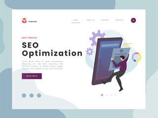 Vector Illustration idea concept for landing page template, SEO optimization analysis, people man worker optimze, analyzing and studying the interface, flat Gradient Styles