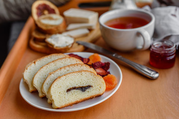 Tasty and useful breakfast with flakes, milk, nuts and dried fruits. The healthy food loading with energy