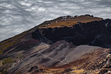 Top view of volcanic crater over the clouds