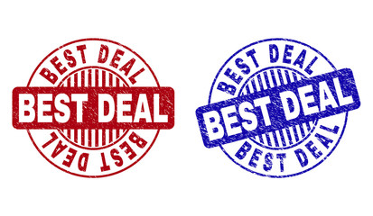 Grunge BEST DEAL round stamp seals isolated on a white background. Round seals with grunge texture in red and blue colors. Vector rubber watermark of BEST DEAL tag inside circle form with stripes.