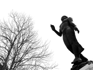 black and white big buddha standing with tree white background