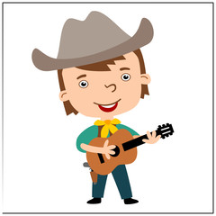 Funny cowboy in cartoon style playing guitar isolated on white background