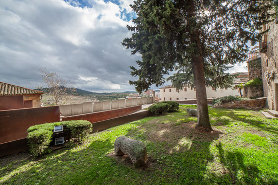 Caceres Museum gardens with verracos sculptures outdoors, Extremadura, Spain