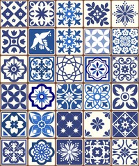 Blue Portuguese tiles pattern - Azulejos vector, fashion interior design tiles 